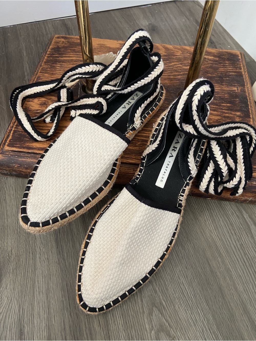 ZARA Cream and Black Lace-Up Espadrille Flats